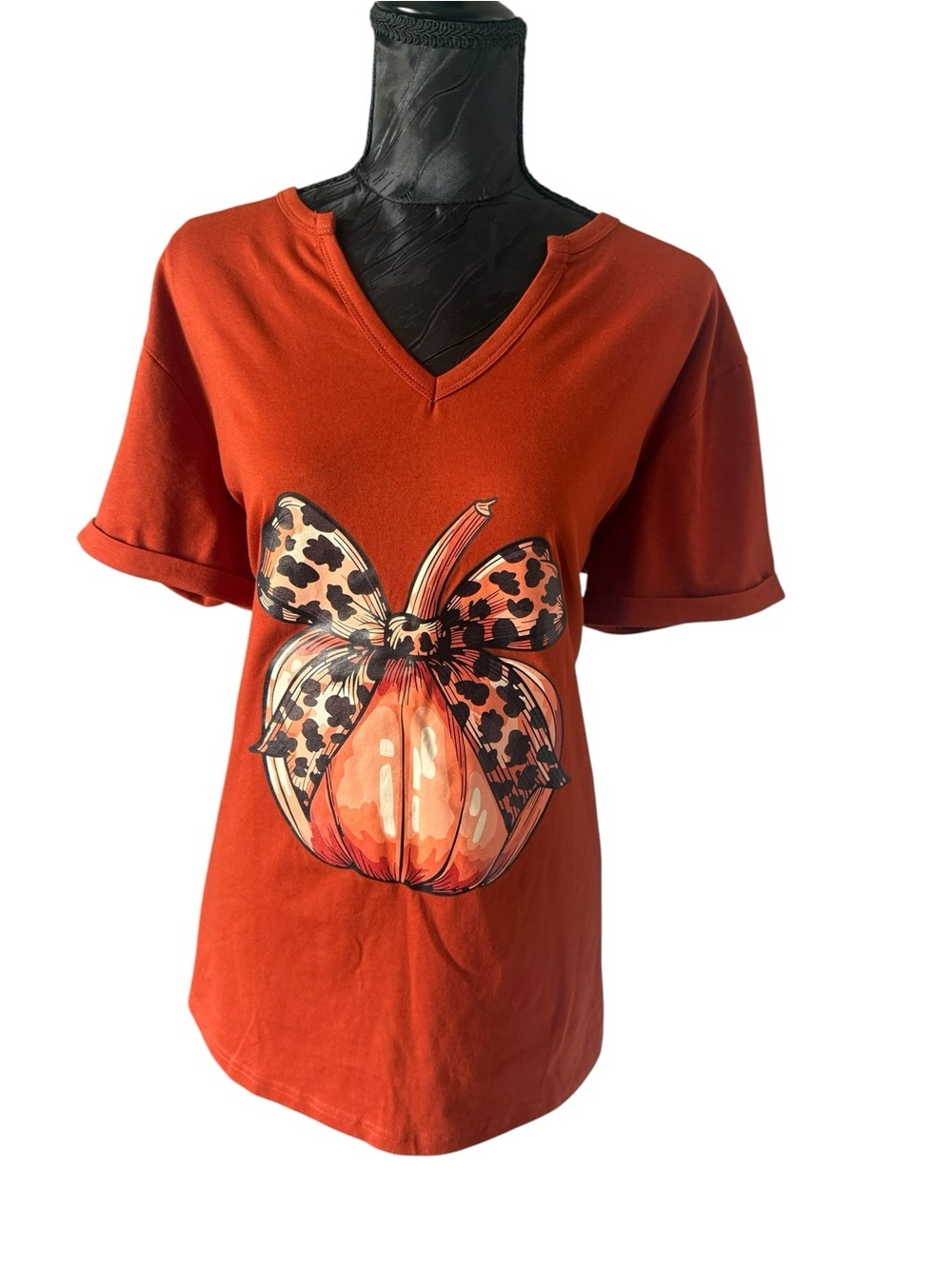 XL Orange Pumpkin Leopard Bow Fall Graphic Tee